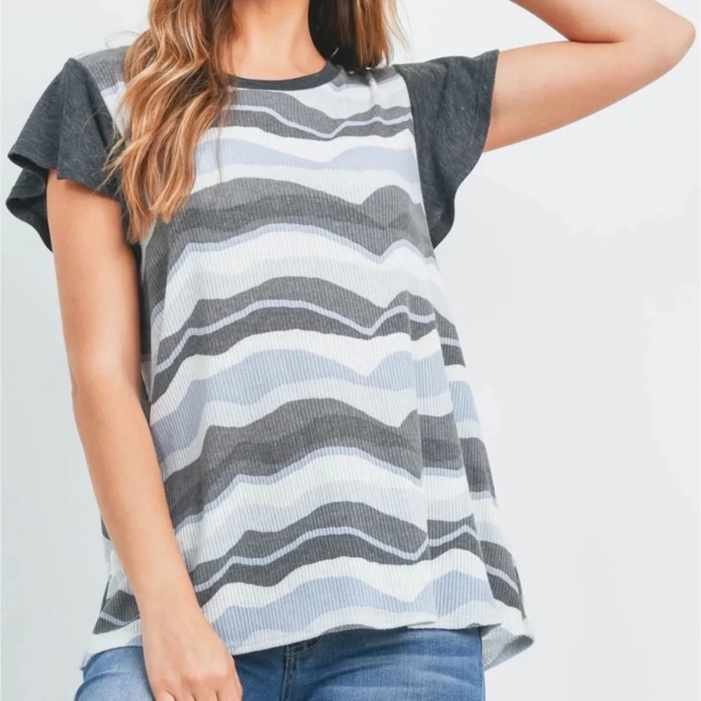 New Womens Soft Light Ribbed Basic Flutter Sleeve SPRING Blouse Top - Picture 4 of 5